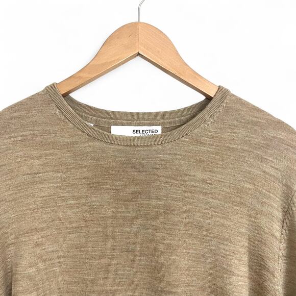 Selected Homme Men's L Crewneck Wool Sweater Tan Long Sleeve Lightweight - Picture 2 of 13